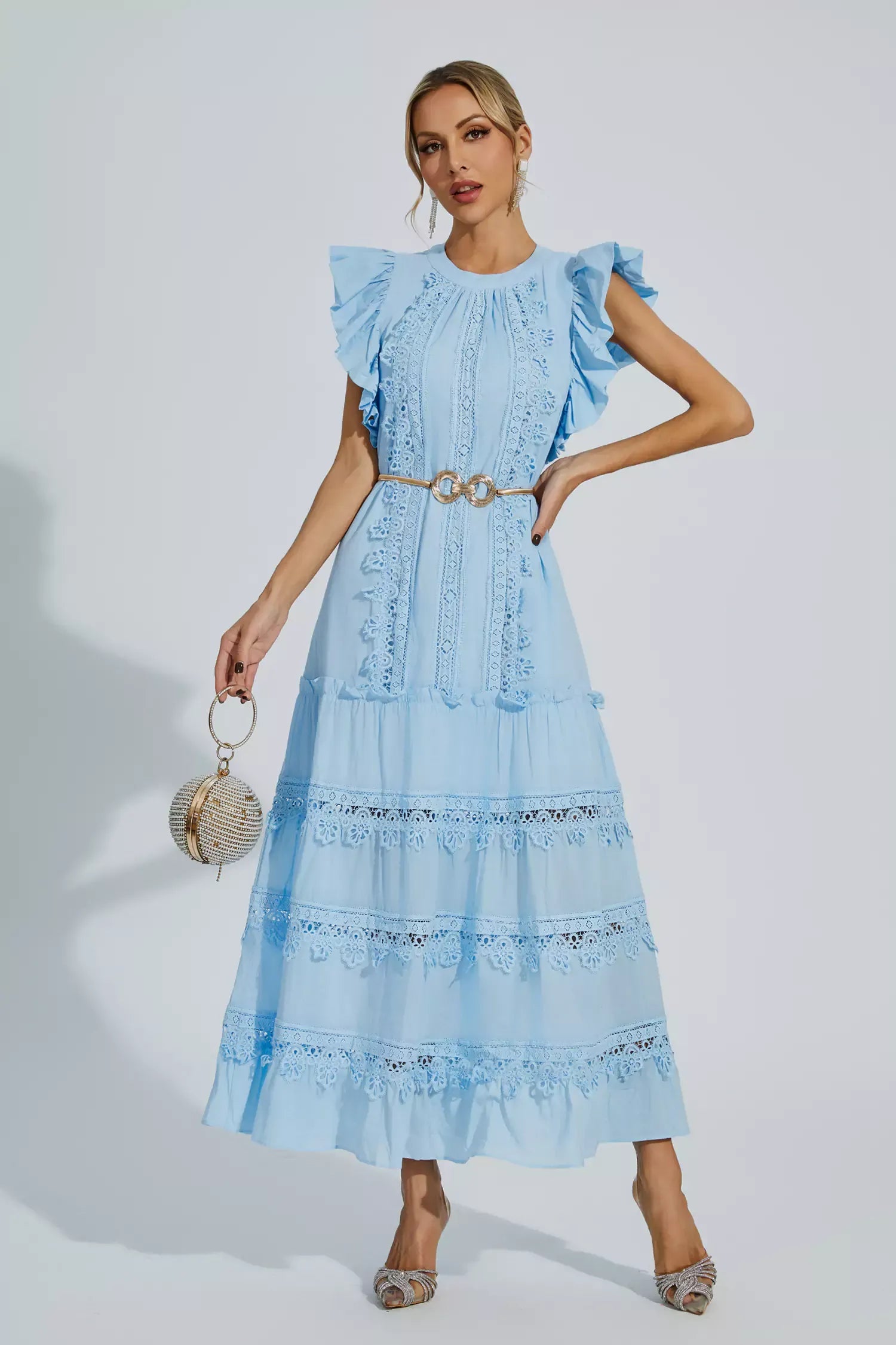 Nina | Blue Embroidered Belted Maxi Dress Dress