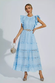 Nina | Blue Embroidered Belted Maxi Dress Dress