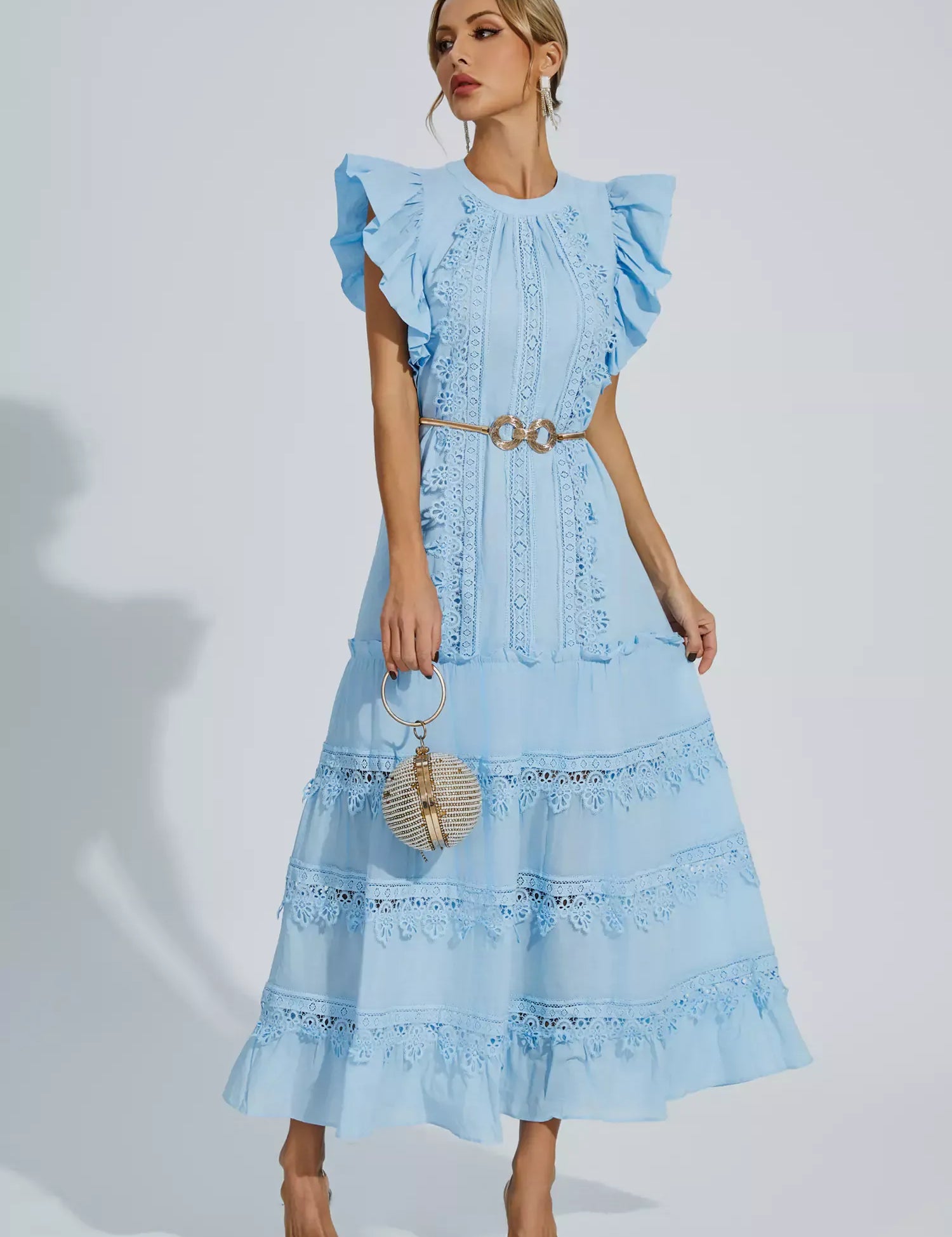 Nina | Blue Embroidered Belted Maxi Dress L Dress