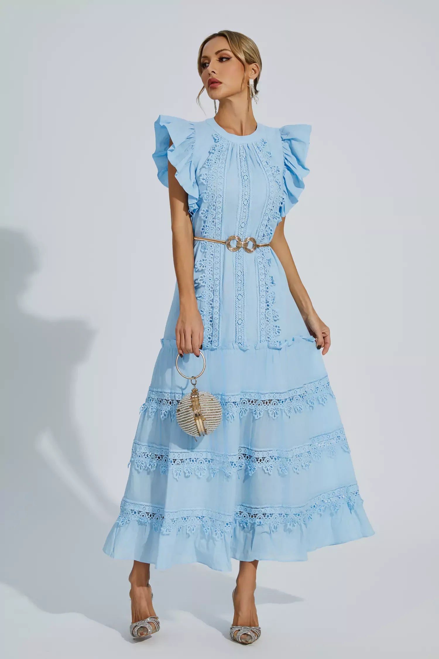 Nina | Blue Embroidered Belted Maxi Dress L Dress