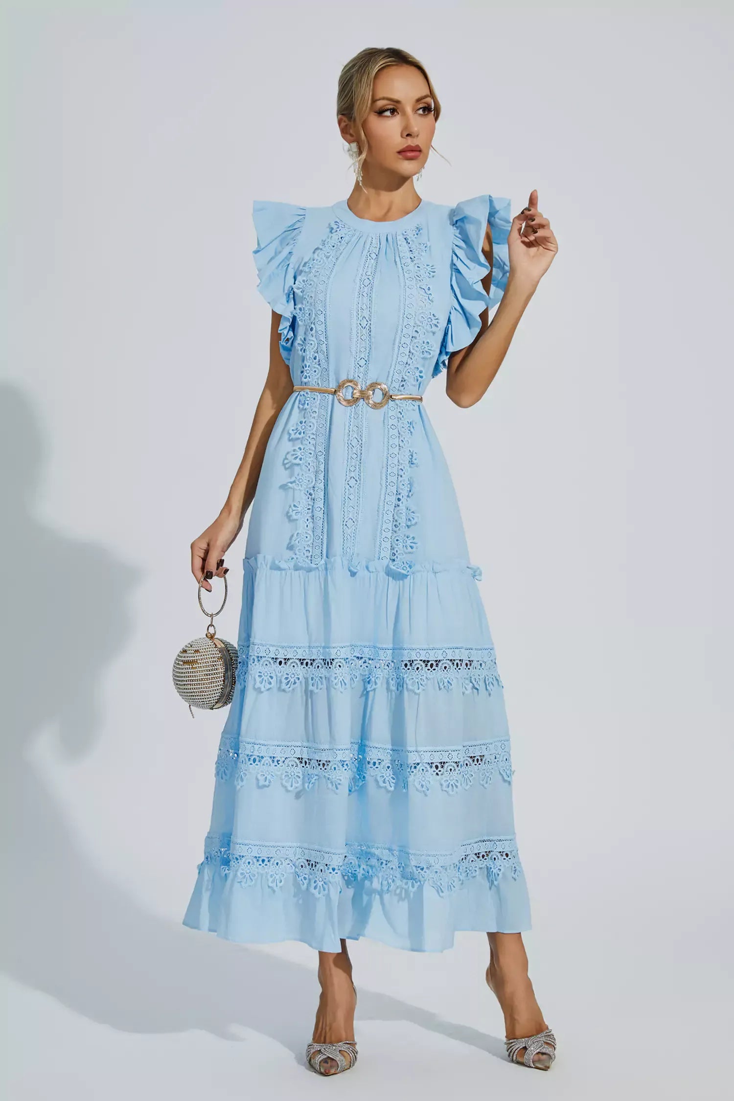 Nina | Blue Embroidered Belted Maxi Dress S Dress