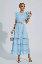 Nina | Blue Embroidered Belted Maxi Dress S Dress