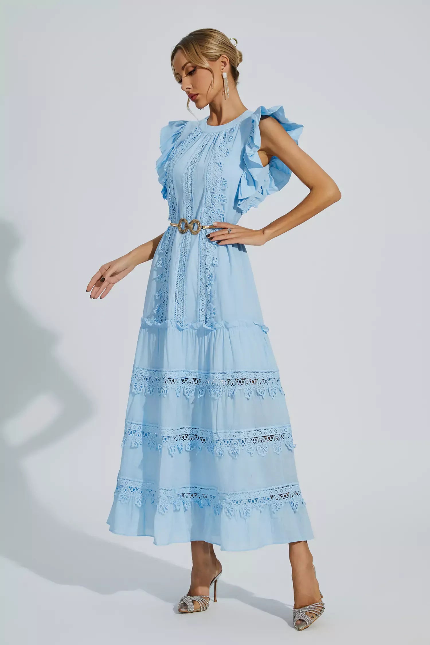 Nina | Blue Embroidered Belted Maxi Dress Dress