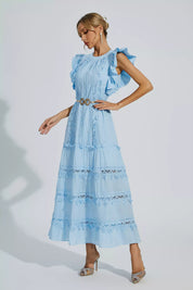 Nina | Blue Embroidered Belted Maxi Dress Dress