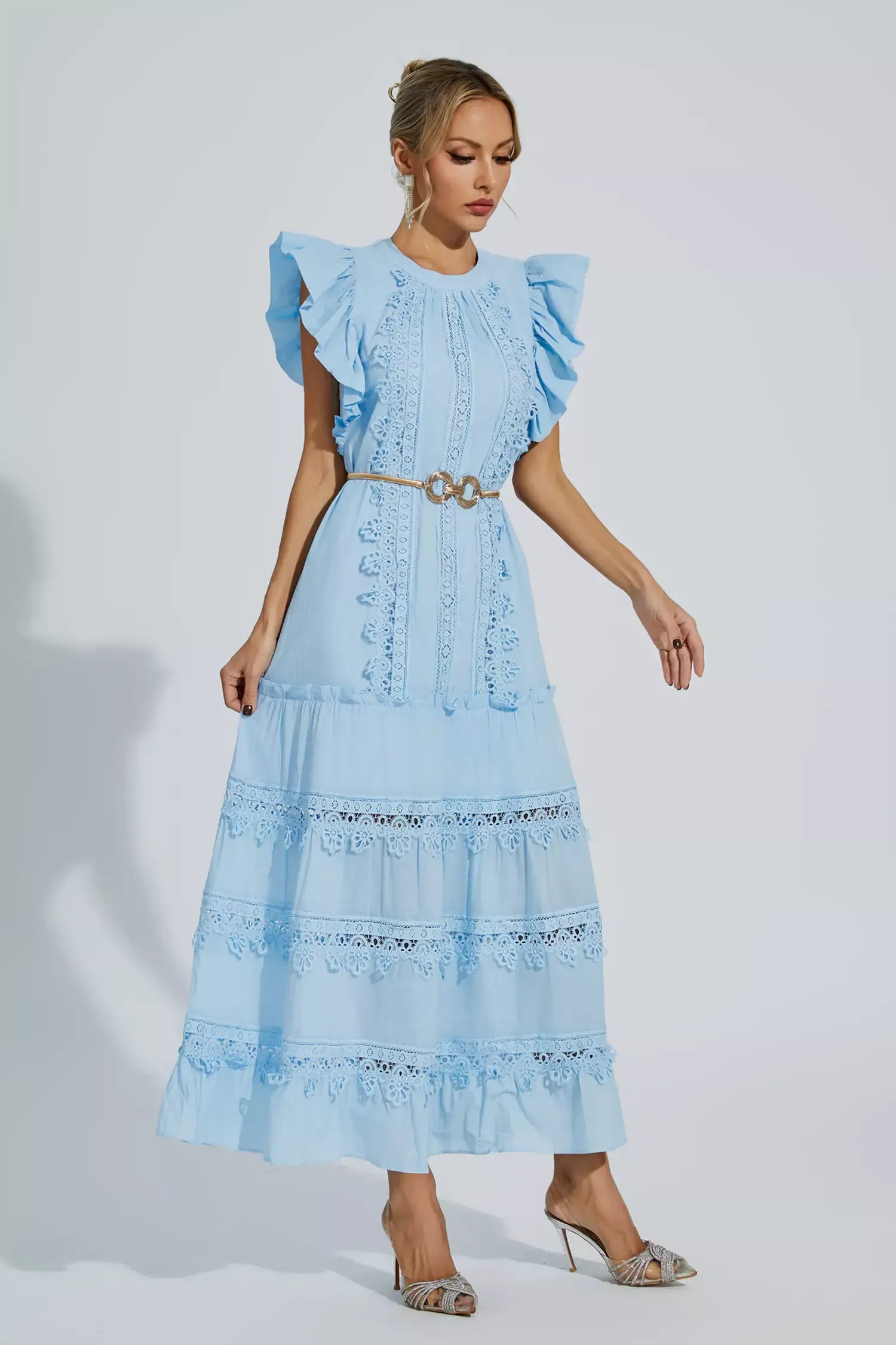 Nina | Blue Embroidered Belted Maxi Dress M Dress