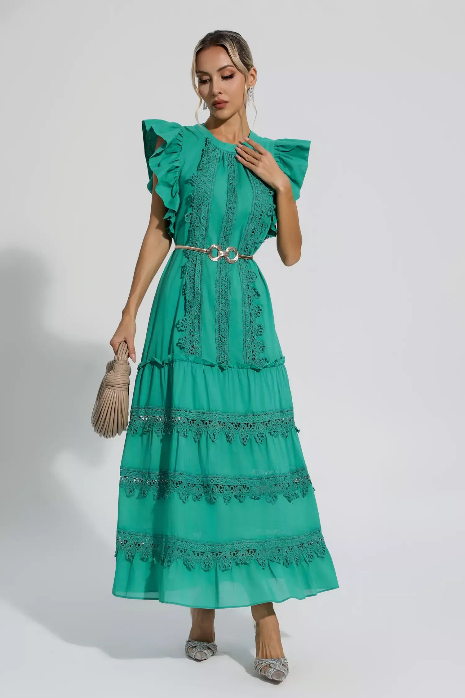 Olive | Green Embroidered Belted Maxi Dress Dress