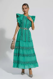 Olive | Green Embroidered Belted Maxi Dress Dress