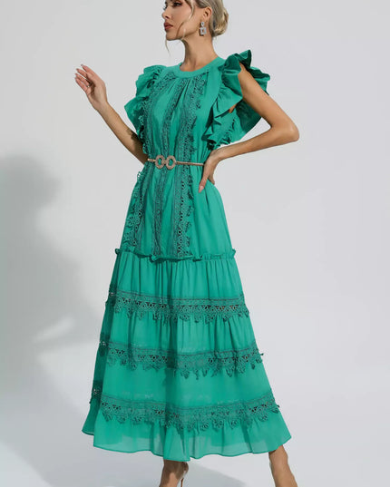 Olive™ | Green Embroidered Belted Maxi Dress L Dresses