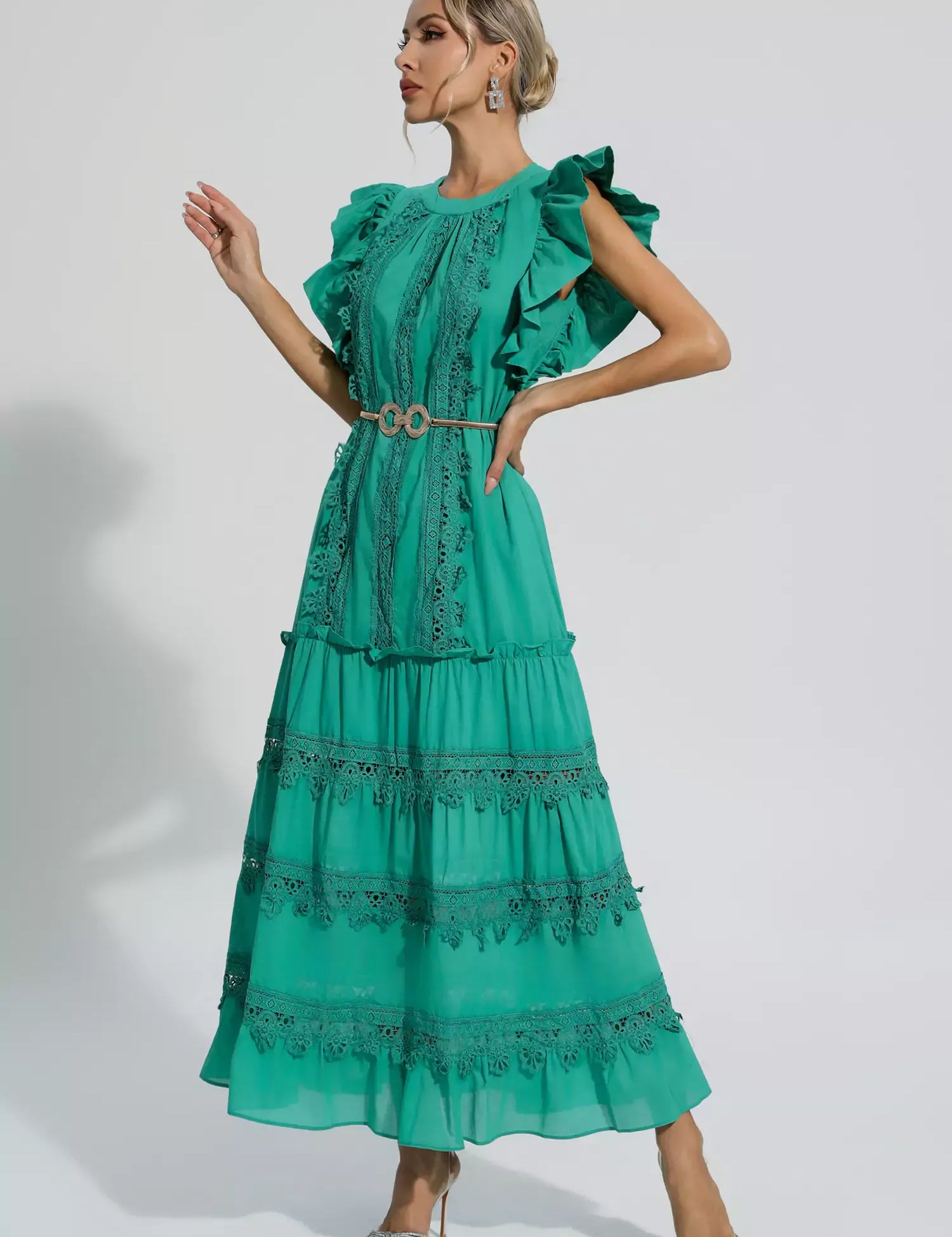 Olive | Green Embroidered Belted Maxi Dress L Dress