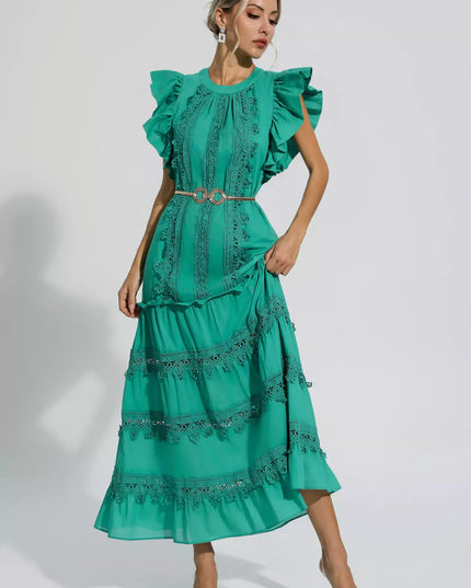 Olive™ | Green Embroidered Belted Maxi Dress M Dresses