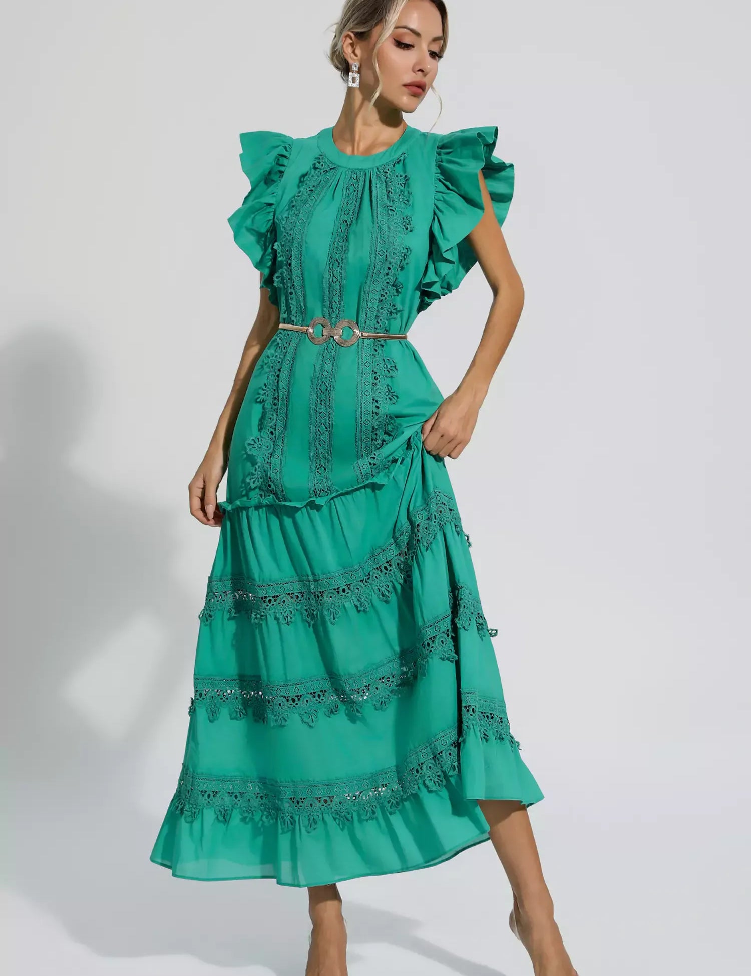 Olive | Green Embroidered Belted Maxi Dress M Dress