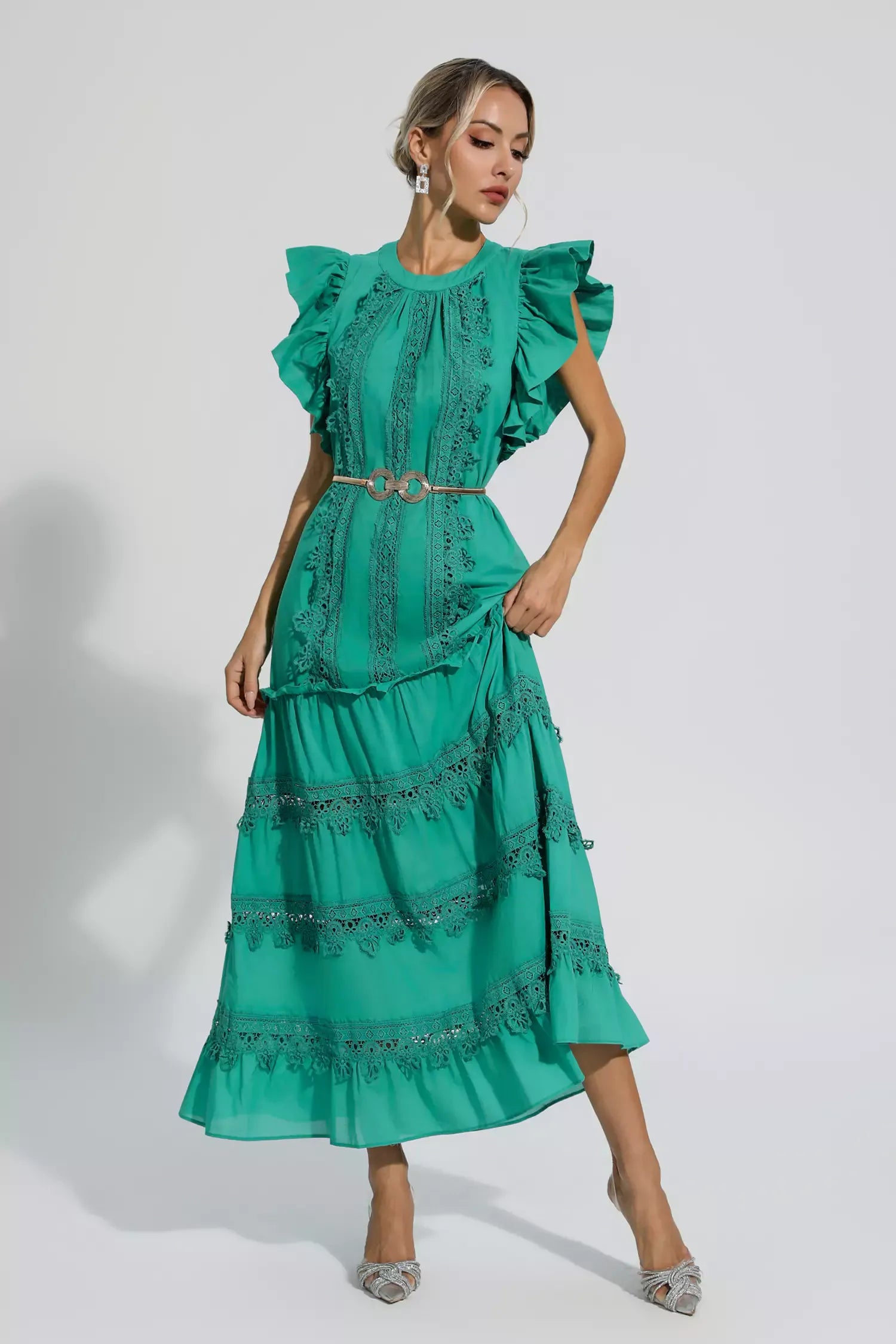 Olive | Green Embroidered Belted Maxi Dress M Dress