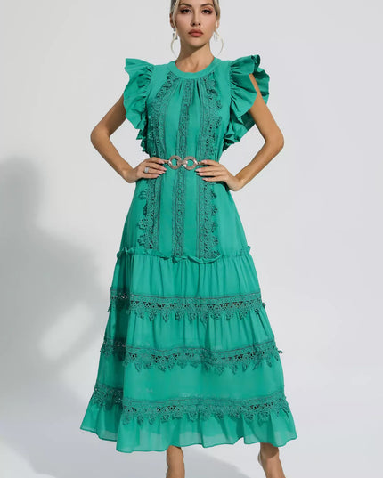 Olive™ | Green Embroidered Belted Maxi Dress XL Dresses
