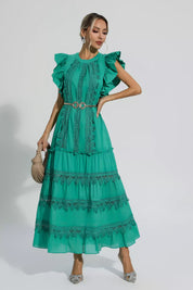 Olive | Green Embroidered Belted Maxi Dress S Dress
