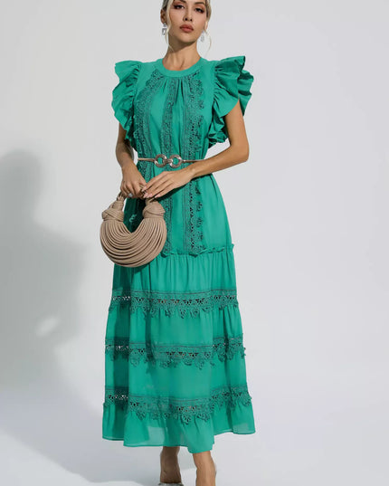 Olive™ | Green Embroidered Belted Maxi Dress Dresses