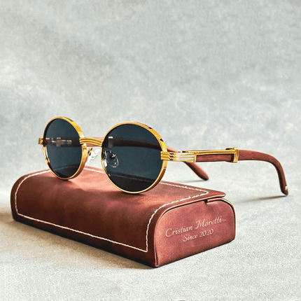 Enzo™ Premium Oval Sunglasses – UV400 Wooden & Metal Frame Black Sunglasses