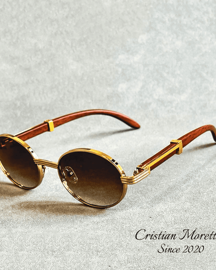Enzo™ Premium Oval Sunglasses – UV400 Wooden & Metal Frame Brown Sunglasses