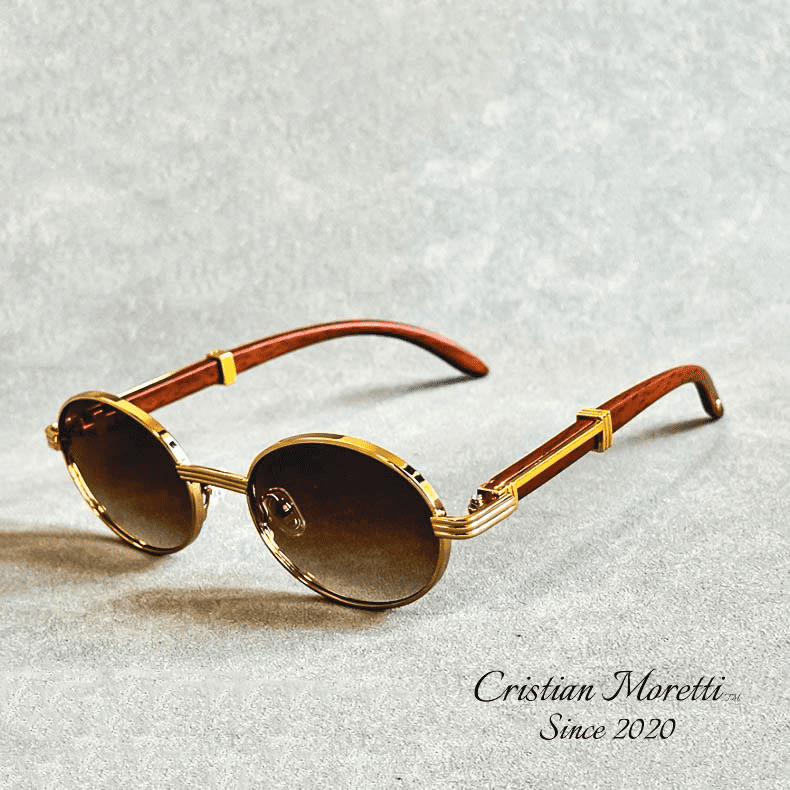 Enzo™ Premium Oval Sunglasses – UV400 Wooden & Metal Frame Brown Sunglasses