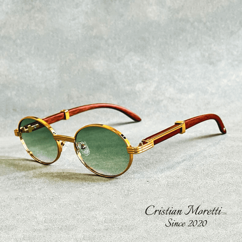 Enzo™ Premium Oval Sunglasses – UV400 Wooden & Metal Frame Green Sunglasses