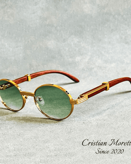 Enzo™ Premium Oval Sunglasses – UV400 Wooden & Metal Frame Green Sunglasses