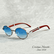 Enzo™ Premium Oval Sunglasses – UV400 Wooden & Metal Frame Blue Sunglasses