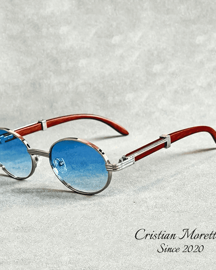 Enzo™ Premium Oval Sunglasses – UV400 Wooden & Metal Frame Blue Sunglasses