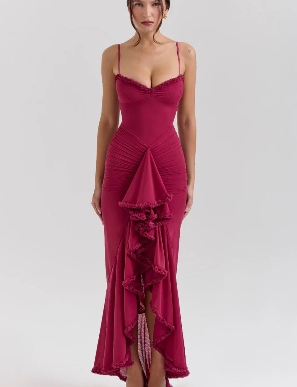Tiara | Sultry Bodycon Maxi Dress with Cascading Ruffles Dresses