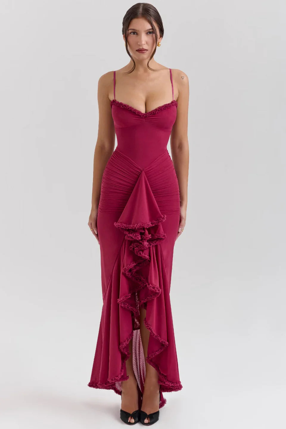 Tiara | Sultry Bodycon Maxi Dress with Cascading Ruffles Dresses