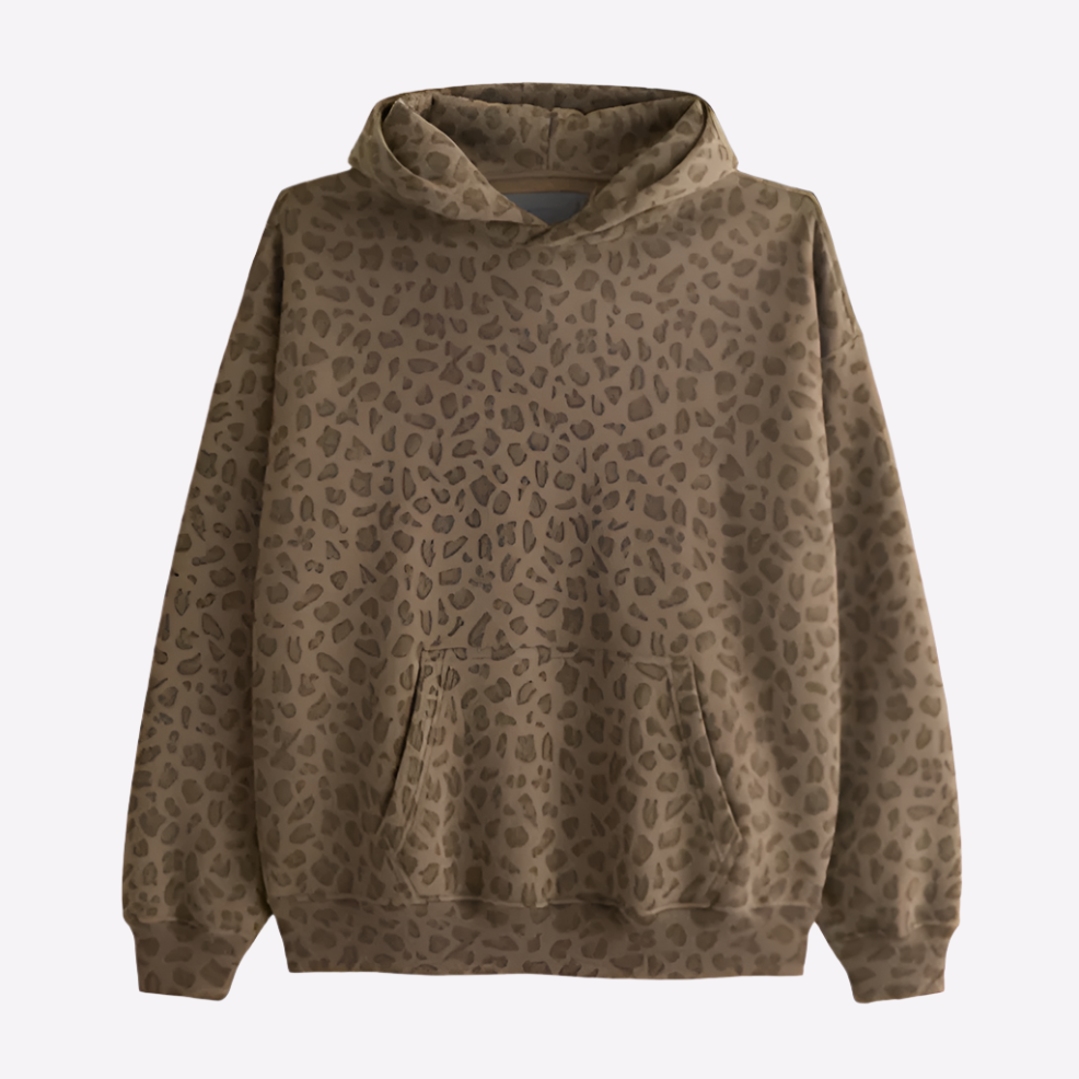 Leopard hoodie featuring a bold animal print design, perfect for a stylish and comfortable look.