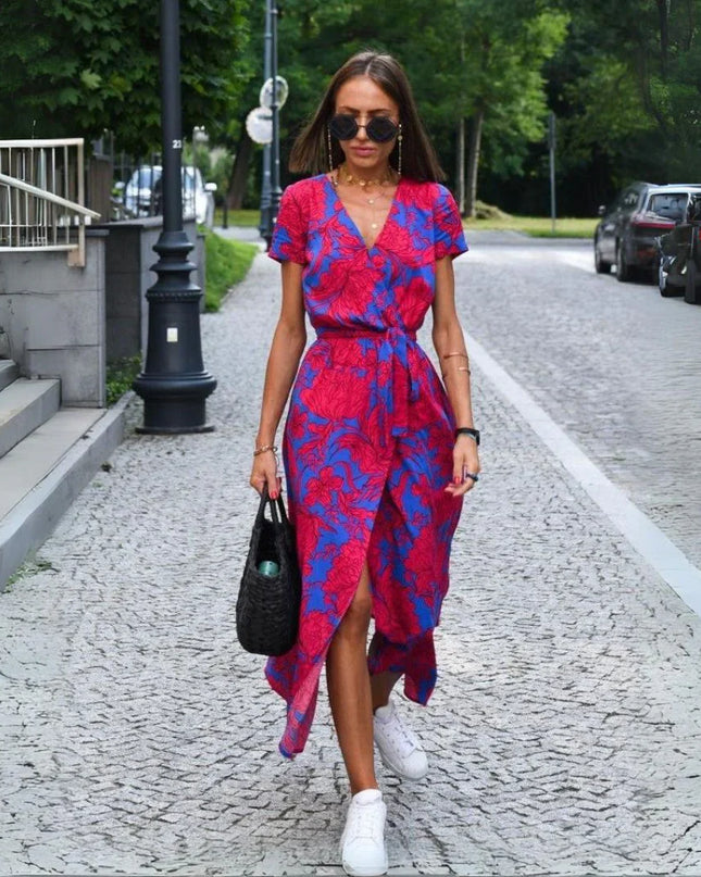 Lara™ | Stylish V-neck Sexy Split Dress Red and Blue Dress