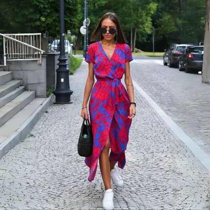 Lara™ | Stylish V-neck Sexy Split Dress Red and Blue Dress