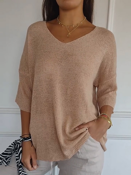 Freya | Plain-coloured knitted top with V-neckline Apricot