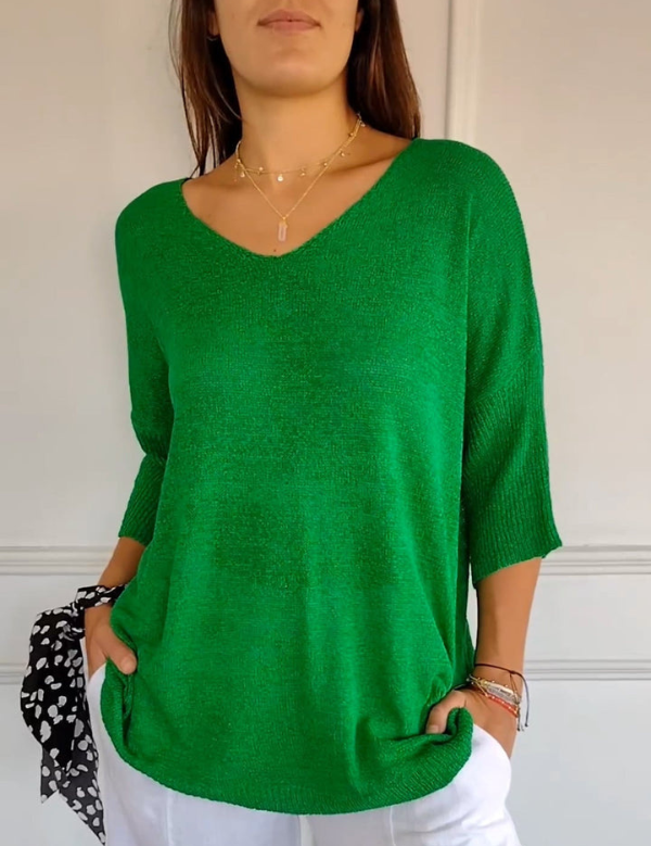 Freya | Plain-coloured knitted top with V-neckline Green