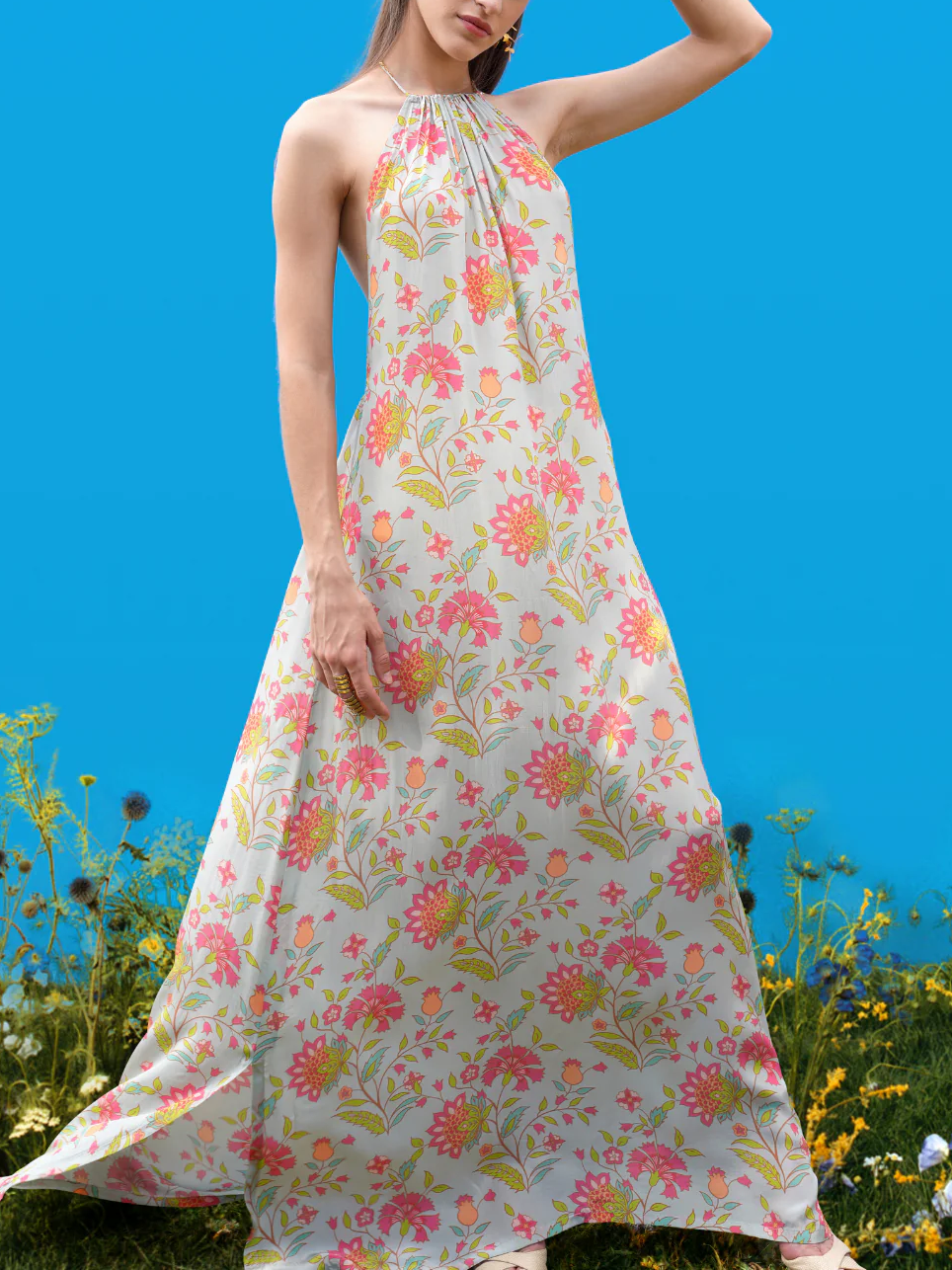 Hand Drawn Print Halter Maxi Dress Pink Dresses