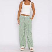 Riviera Striped Trousers – Breezy High-Waist Pants Green Trousers