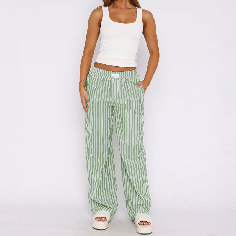Riviera Striped Trousers – Breezy High-Waist Pants Green Trousers