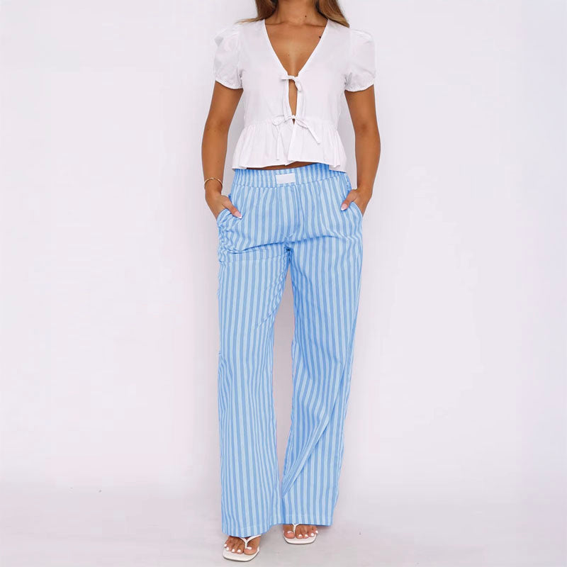 Riviera Striped Trousers – Breezy High-Waist Pants Blue Trousers