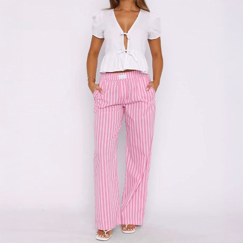 Riviera Striped Trousers – Breezy High-Waist Pants Pink Trousers