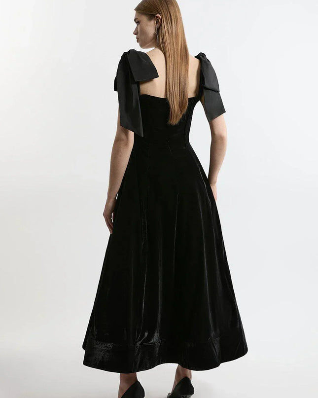 Velvet Strapless Bow Midi Dress