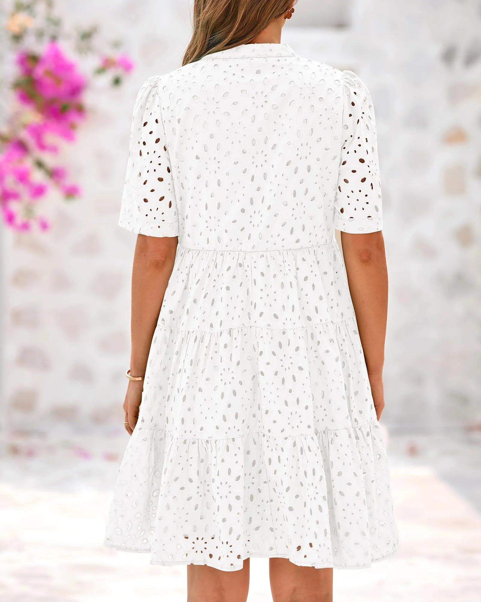 Women's V Neck Short Sleeve Hollow Out Mini Dress Dresses