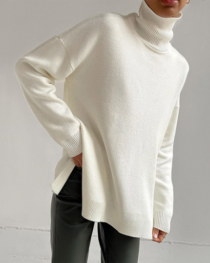 Elegant Split-Hem Turtleneck Sweater White Sweater