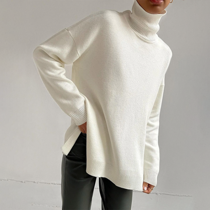 Elegant Split-Hem Turtleneck Sweater White Sweater