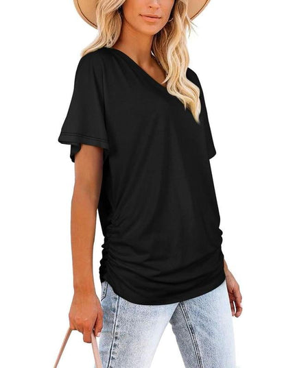 Women's Casual Short Sleeve V Neck Dolman Top with Side Shirring for Comfort Women's Tops