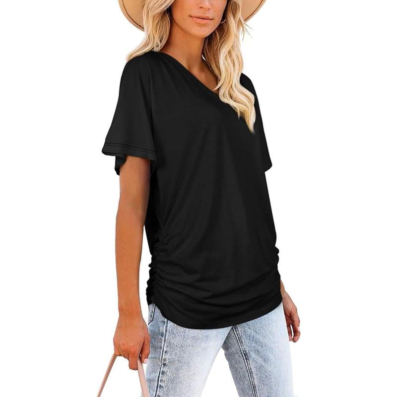 Women's Casual Short Sleeve V Neck Dolman Top with Side Shirring for Comfort Women's Tops