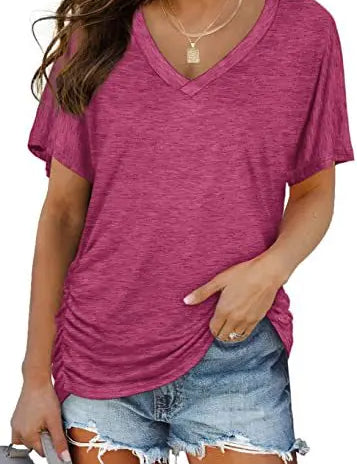 Women's Casual Short Sleeve V Neck Dolman Top with Side Shirring for Comfort Rose Red Women's Tops