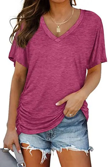 Women's Casual Short Sleeve V Neck Dolman Top with Side Shirring for Comfort Rose Red Women's Tops