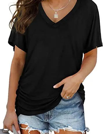 Women's Casual Short Sleeve V Neck Dolman Top with Side Shirring for Comfort Black Women's Tops