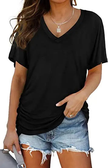 Women's Casual Short Sleeve V Neck Dolman Top with Side Shirring for Comfort Black Women's Tops