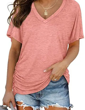 Women's Casual Short Sleeve V Neck Dolman Top with Side Shirring for Comfort Hot Pink Women's Tops