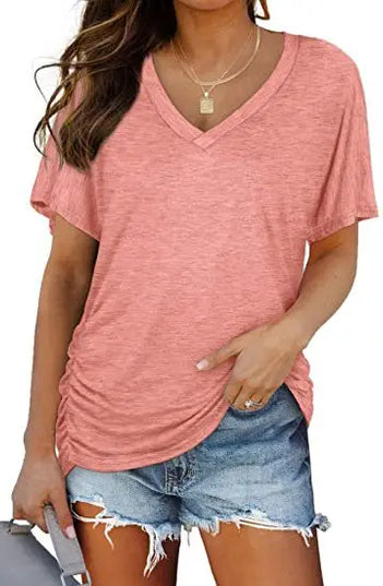 Women's Casual Short Sleeve V Neck Dolman Top with Side Shirring for Comfort Hot Pink Women's Tops